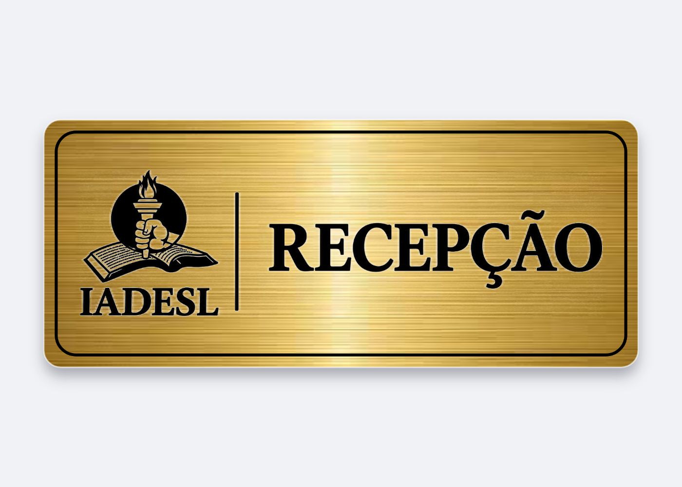 Broche dourado personalizado com logotipo IADESL e identificação Recepção