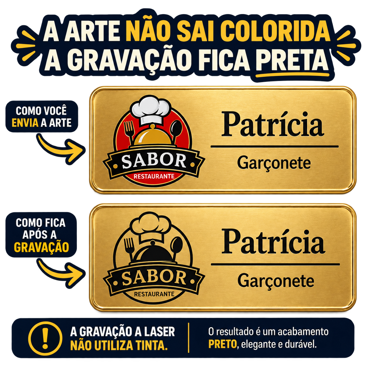 Demonstração de uma arte colorida e o resultado correspondente em gravação a laser preta