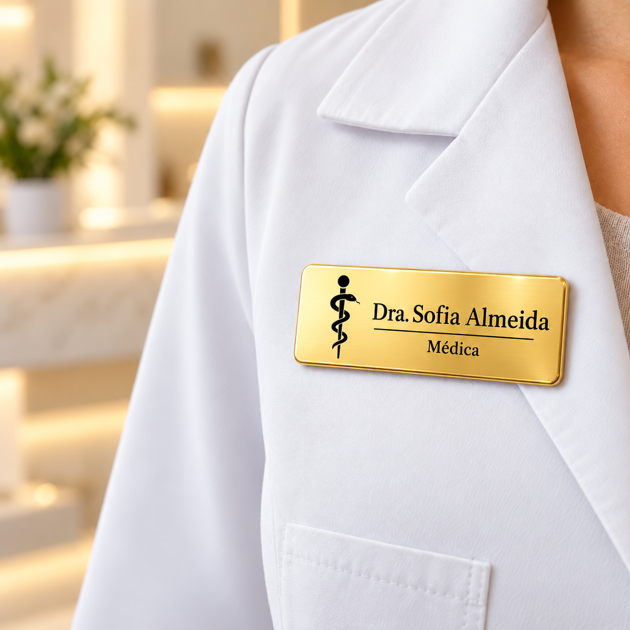 Broche magnético dourado personalizado com nome, profissão e símbolo de medicina